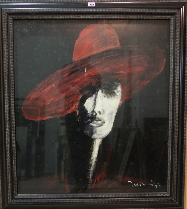 ** Juin (20th century), The Red Hat, oil on board, indistinctly signed and dated '72, 78cm x 68cm. Provenance; property from the late Sir David Tang T