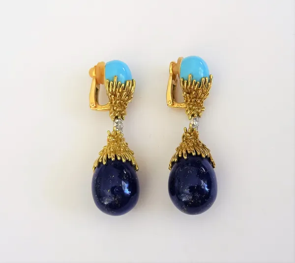 A French pair of gold, diamond set, enamel imitating lapis lazuli and turquoise coloured enamel earclips, each with an egg shaped enamel imitating lap