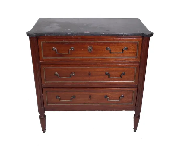 A 19th century French commode, the shaped marble top over brass mounted mahogany base of three long drawers, flanked by outswept fluted columns, 81cm