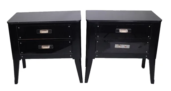 A pair of 20th century ebonised and glass two drawer side cabinets, on splayed supports, 77cm wide x 74cm wide x 41cm deep (a.f.). (2) Provenance; pro