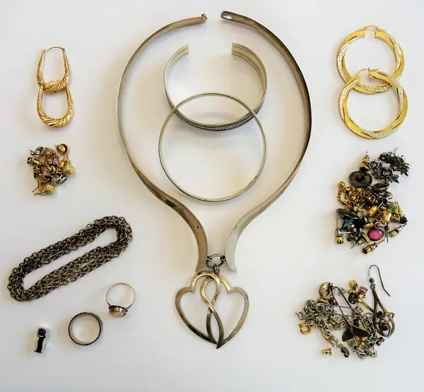 A group of jewellery comprising; twenty pairs of earrings, including some gold and gem set earstuds and silver and other jewellery, to include; a coll