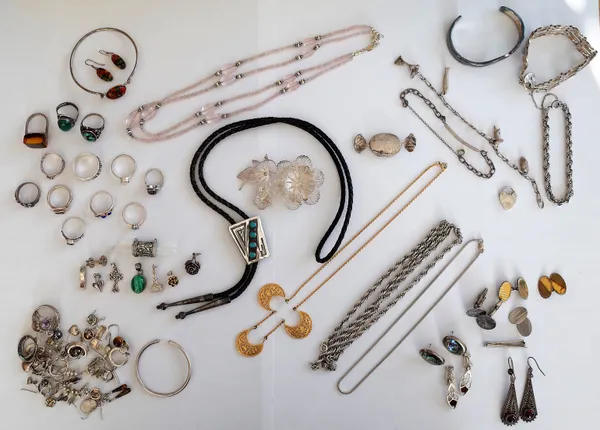 Silver and other jewellery, comprising; twelve mostly gem set rings, a pair of cufflinks, with a matching tie slide, cased, a pair of gold fronted sil