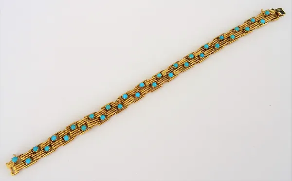 A gold and turquoise bracelet, in a ropetwist bar link design, mounted with two rows of circular turquoise, (the snap clasp damaged), length 18cm, gro