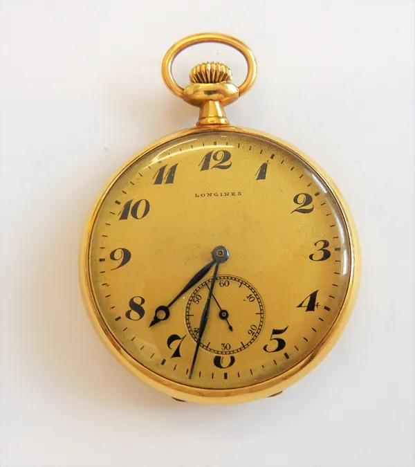 A Longines gold cased, keyless wind, openfaced dress watch, the gilt jewelled lever movement numbered 3002344, gilt metal inner case, the signed gilt