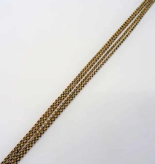 A gold faceted circular link long guard chain, detailed 9 CT, length 151cm, weight 18.8 gms.