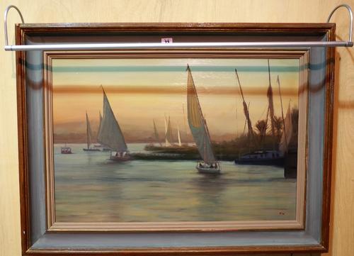 Pip Todd-Warmoth (British b.1962) Fishing smacks off the coast, oil on board, signed with initials, 48cm x 71.5cm.  DDS  Provenance; property from the