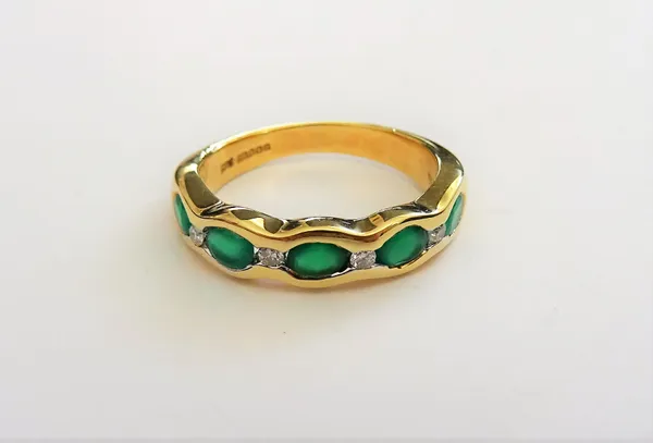 An 18ct gold, diamond and dyed green agate set half hoop ring, mounted with four small circular cut diamonds alternating with five oval dyed green aga