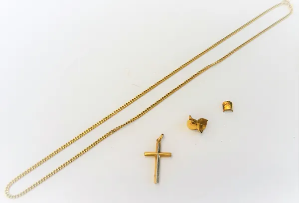 A gold faceted curb link neckchain on a boltring clasp, detailed 750, a gold pendant cross detailed 750, combined gross weight 11.1gms and two pieces