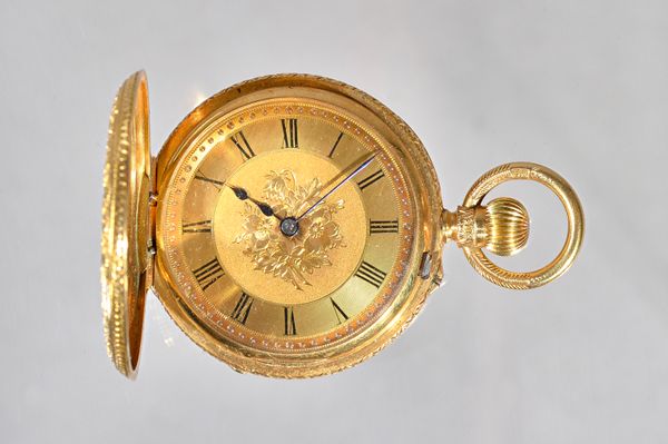 An 18ct gold cased, keyless wind, half hunting cased lady's fob watch, the gilt jewelled movement detailed Ollivant & Botsford Manchester N 1292, 18ct