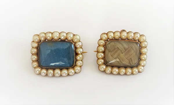 A gold and half pearl set rectangular brooch, glazed to the back and to the front with a woven hairlocket compartment, within a surround of half pearl