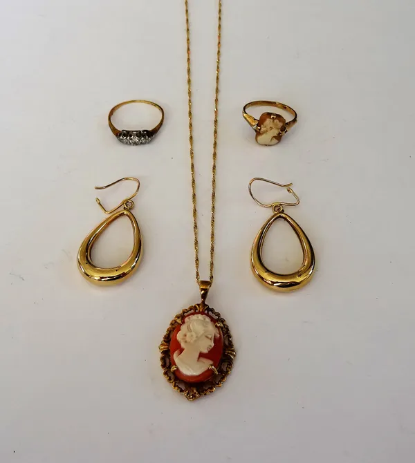 A 9ct gold mounted oval shell cameo pendant, carved as the portrait of a lady, within a cast and pierced surround with a gold neckchain, on a boltring