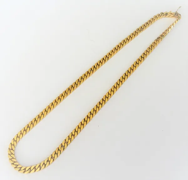 A gold faceted curb link neckchain, on a snap clasp, detailed 14 K 585, weight 73 gms.