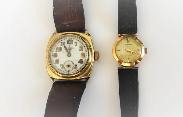 A J.W Benson, London 9ct gold, cushion shape cased gentleman's wristwatch, the signed enamelled dial with Arabic numerals, subsidiary seconds and with