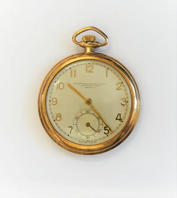 A 9ct gold cased, keyless wind, openfaced gentleman's dress watch, with a jewelled lever movement detailed Swiss Made 190083, the silvered dial with g