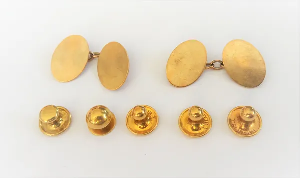 A pair of 9ct gold cufflinks, with plain oval backs and fronts, Birmingham 1924, weight 5.5 gms and five gold dress studs, mostly detailed 18, combine