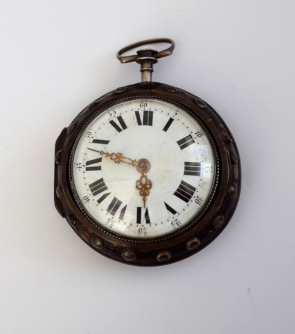 A 19th century simulated tortoiseshell pear cased openfaced pocket watch with a jewelled fusee movement, unsigned, the enamelled dial with black Roman