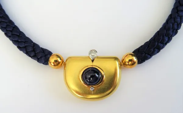 A Kunz of Switzerland gold, diamond and cabochon sapphire interwoven blue silk collar necklace, the front of curved panel shaped design, mounted with