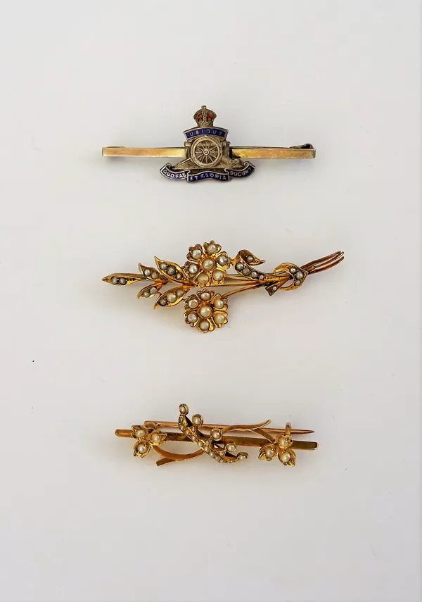 A gold and seed pearl set brooch, designed as a floral spray, detailed 9 CT, a gold and seed pearl set bar brooch, designed as a coronet and a foliate
