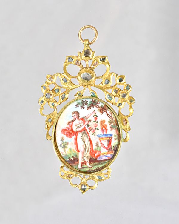 A gold and rose diamond set pendant, mounted with an oval enamelled panel, depicting the figure of a dancing lady in a garden scene, otherwise in a sc