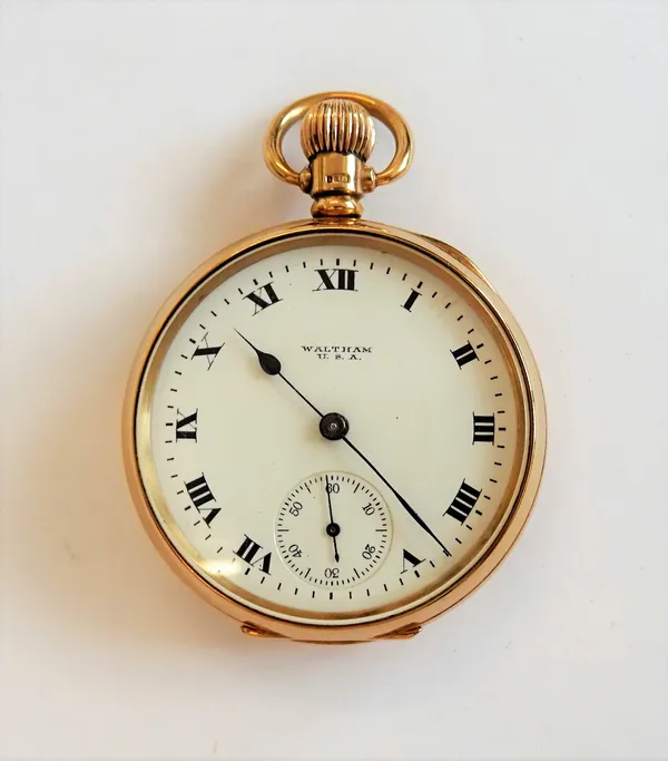 A Waltham U.S.A 9ct gold cased, keyless wind openfaced gentleman's pocket watch, the jewelled lever movement detailed Vanguard Waltham, Mass, 5 positi