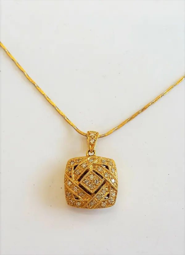 A gold and diamond set pendant, in a curved square design, mounted with circular cut diamonds, on a gold neckchain, detailed 750 with a boltring clasp