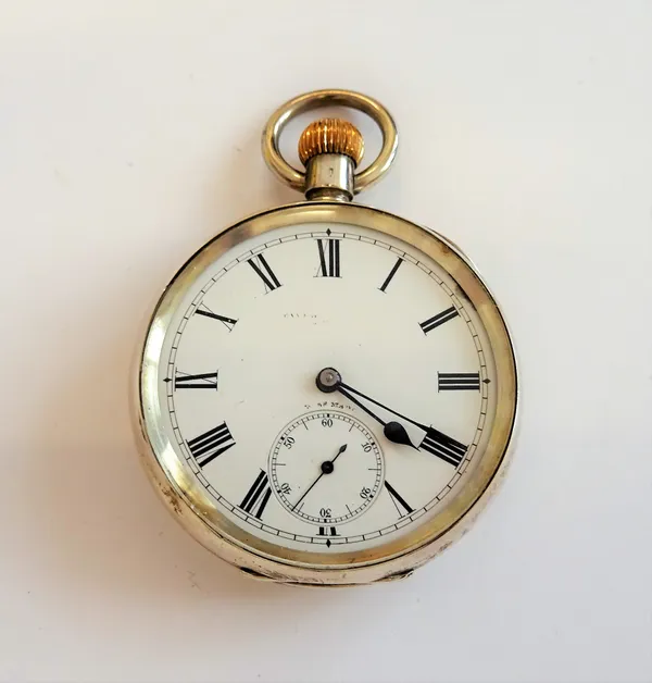 A silver cased, keyless wind, openfaced gentleman's pocket watch, the jewelled lever movement numbered 920978, silver inner case, detailed Camerer Kus