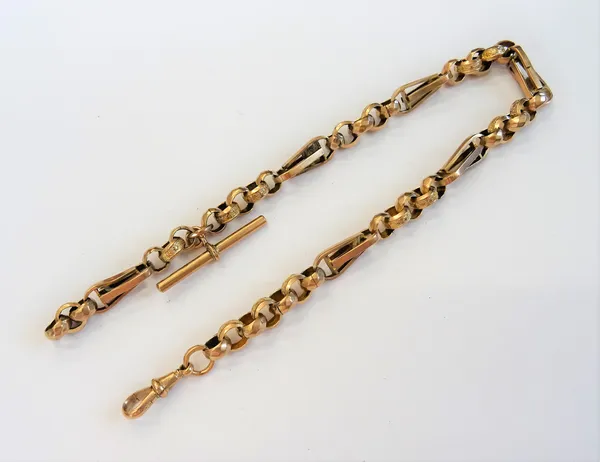 A gold watch Albert chain, in a faceted circular, star decorated circular and twin bar link design, fitted with a swivel and a T bar, detailed 9 C, gr