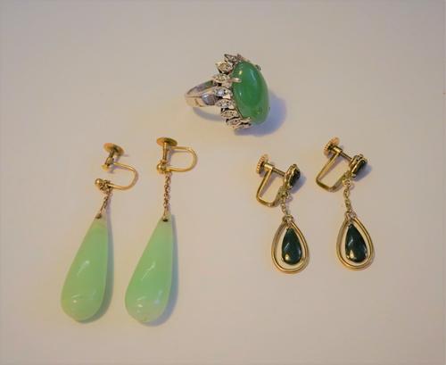 A white gold diamond  and cabochon pale green gem set oval cluster ring, detailed 18k, ring size J and a half and two pairs of gold mounted green gem