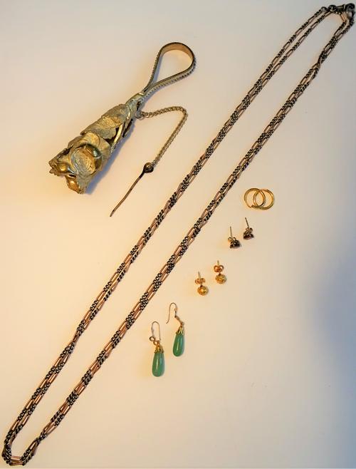 A pair of gold and garnet set single stone earstuds, detailed 375, the backs with post and butterfly clip fittings, a pair of green gem pendant earrin