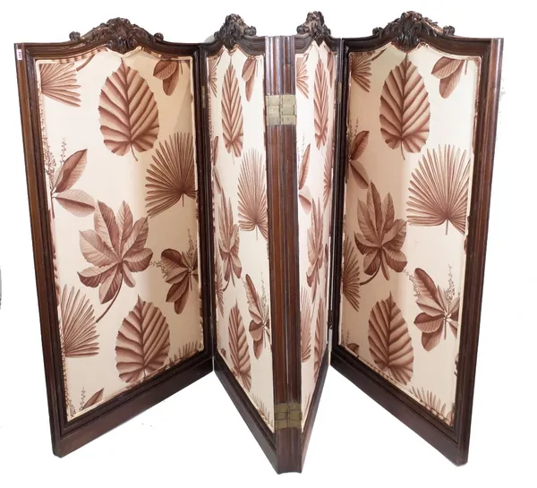 A late 19th century French four-fold mahogany draught screen with acanthus carved arch top, later leaf decorated panels, 360cm wide x 150cm high. Prov