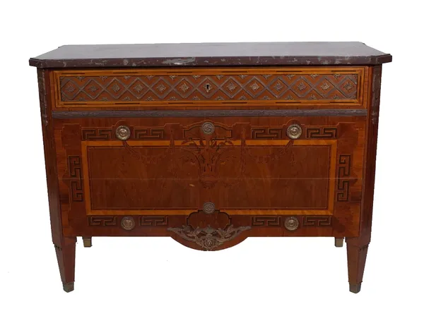 A 19th century French marble topped mahogany and satinwood inlaid chest, ormolu mounted throughout with three long drawers, 112cm wide x 46cm deep x 8