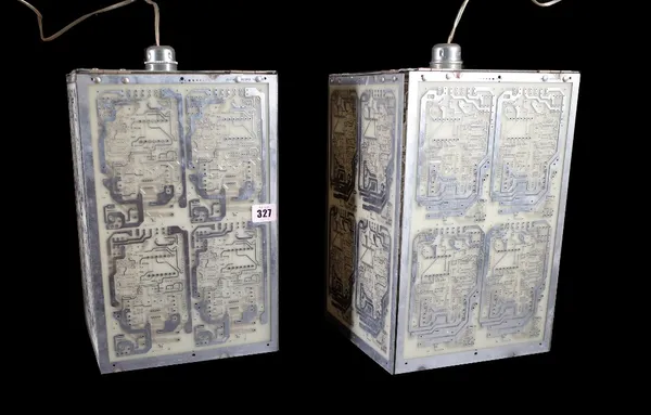 A pair of rectangular lanterns each formed from circuit board panels, 36cm high. (2) Provenance; property from the late Sir David Tang This lot has be