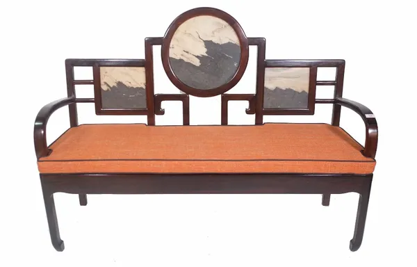 An early 20th century Chinese hardwood bench, with triple marble inset back, 139cm wide x 100cm high. Provenance; property from the late Sir David Tan