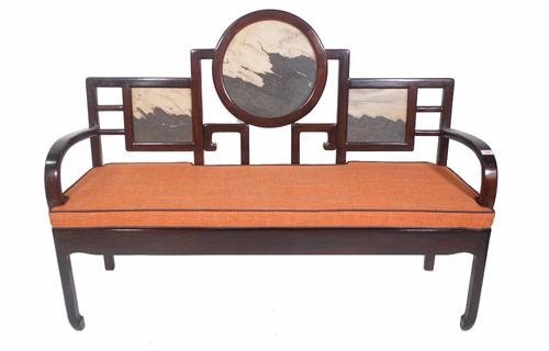 An early 20th century Chinese hardwood bench, with triple marble inset back, 139cm wide x 100cm high. Provenance; property from the late Sir David Tan