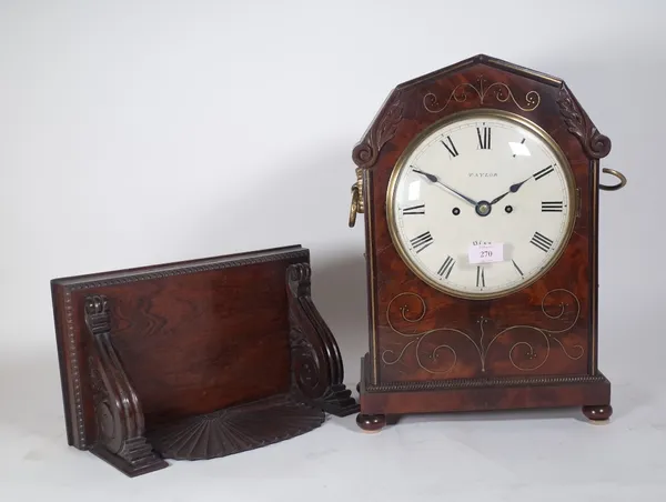 Taylor Diss; a Victorian mahogany and brass inlaid 8 day bracket clock, shaped angular top and painted tin dial flanked by brass ring handles enclosin