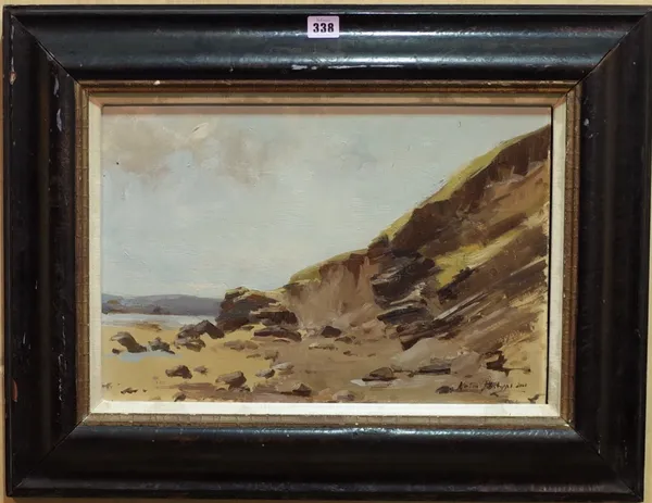 Norton Philipps? (contemporary) Rocky coastal scene, oil on board, indistinctly signed and dated 2000, 29.5cm x 44.5cm. Provenance; property from the