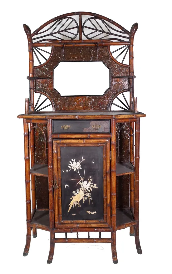 A late Victorian bamboo and polychrome painted hall stand, with mirrored back, over single drawer and bone inlaid door, 95cm wide x 42cm deep x 185cm