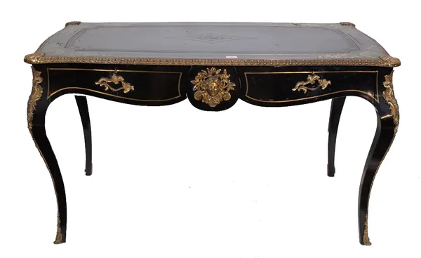 A 19th century French brass inlaid and ebonised bureau plat with two drawers, on cabriole supports, 132cm wide x 70cm deep x 76cm high. Provenance; pr