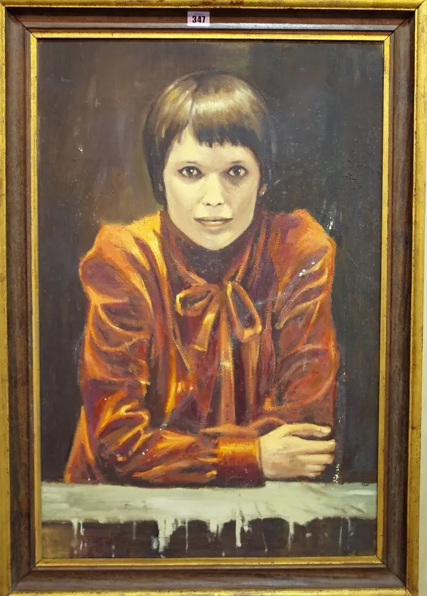 Sir David Tang (1954-2017) Portrait of a lady in red, said to be Mia Farrow, oil on canvas, part obscured inscription to reverse "*** 2 Clarence Terra