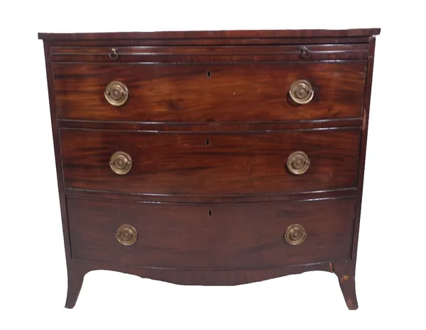 A George III mahogany bowfront chest, with brushing slide over three long drawers, on splayed bracket feet, 96cm wide x 57cm deep x 88cm high. Provena