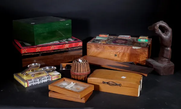 Smoking collectables including; a SIGLO green painted humidor (27.5cm wide) containing nine Punch Cuban cigars (19cm), two further humidors, a carved