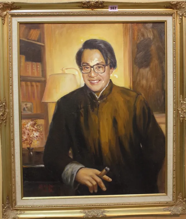 Chinese School (20th/21st century) Portrait of Sir David Tang, oil on canvas, signed, 59.5cm x 49.5cm. Provenance; property from the late Sir David Ta