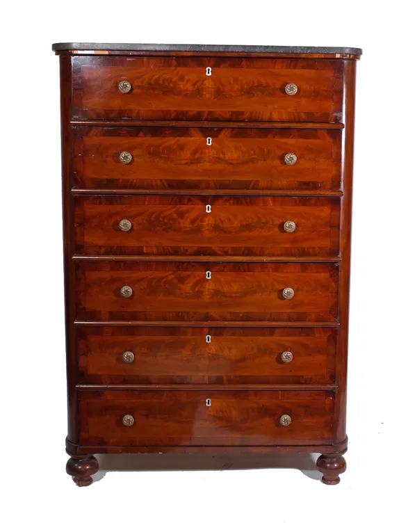 A 19th century French walnut tall chest, with marble top over six long drawers, on bun feet, 103cm wide x 52cm deep x 151cm high. Provenance; property