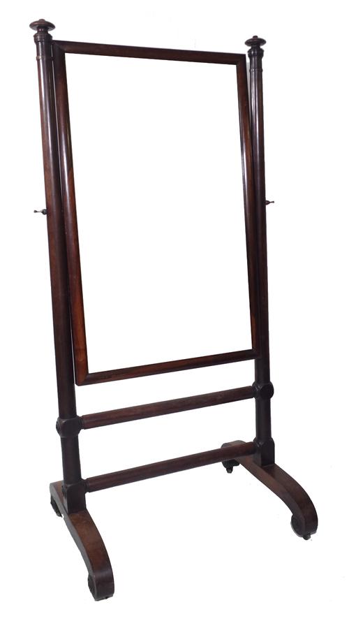 An early Victorian rosewood cheval mirror, the rectangular plate within turned uprights, spreading dual standard supports, the whole with roundel deco