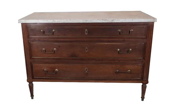 A 19th century Italian marble topped commode, with three long drawers, on tapering turned supports, 126cm wide x 59cm deep x 89cm high. Provenance; pr