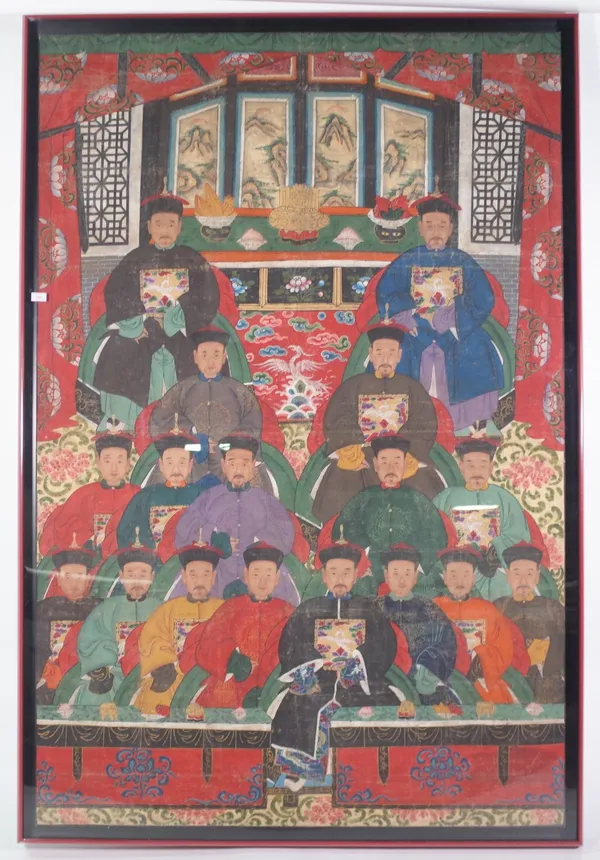 A large Chinese ancestor portrait on canvas, late 19th/early 20th century, depicting family members, all seated and dressed in treaditional robes, 206