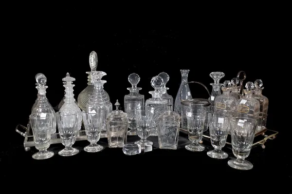 A quantity of Victorian and later glass wares, including; decanters, preserve pots, an ice pail with silver plated mounts, two metal mounted rectangul