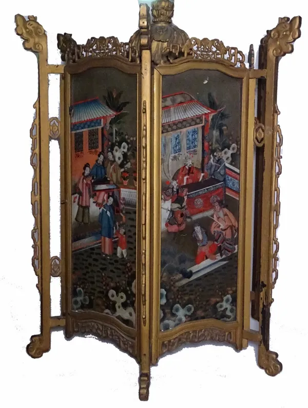 A late 19th century Chinese gilt framed reverse painted standing lantern of hexagonal form with panels painted in the 18th century manner, (a.f.), 81c