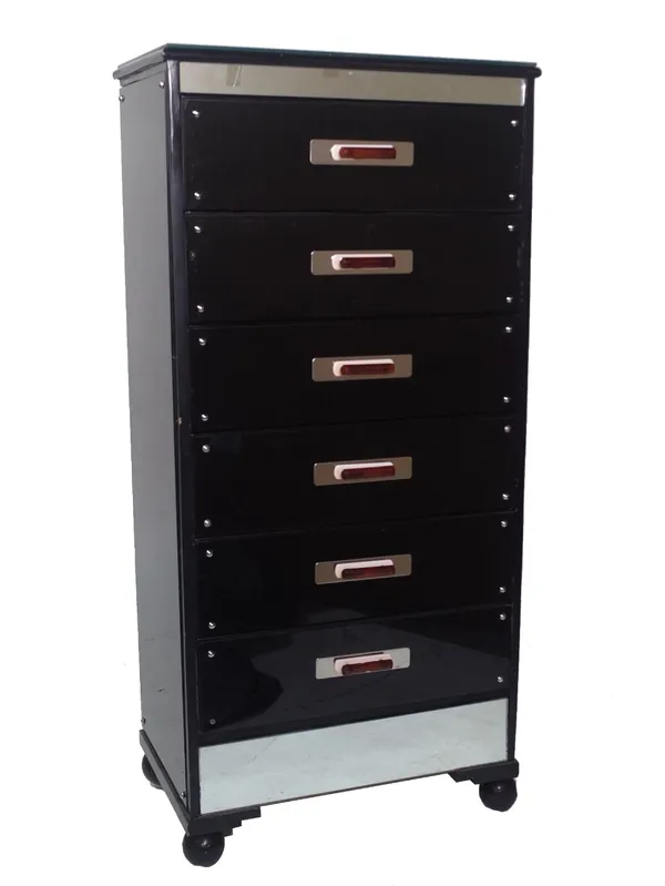 A 20th century ebonised and glass mirror mounted six drawer tall chest, with Bakelite style handles, 64cm wide x 41cm deep x 138cm high. Provenance; p