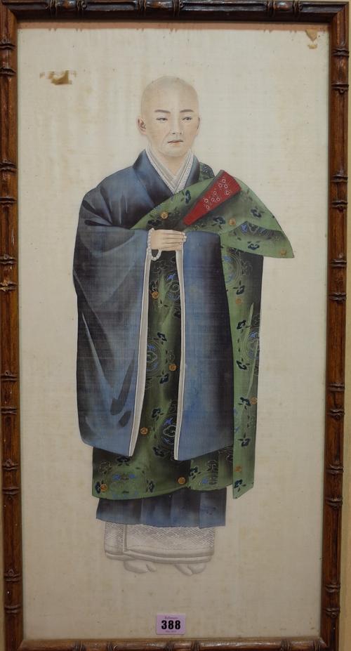 A pair of Chinese paintings, late 19th/early 20th century, opaque pigments on silk, each painted with a full length portrait of a man, 65cm x 31cm, fr